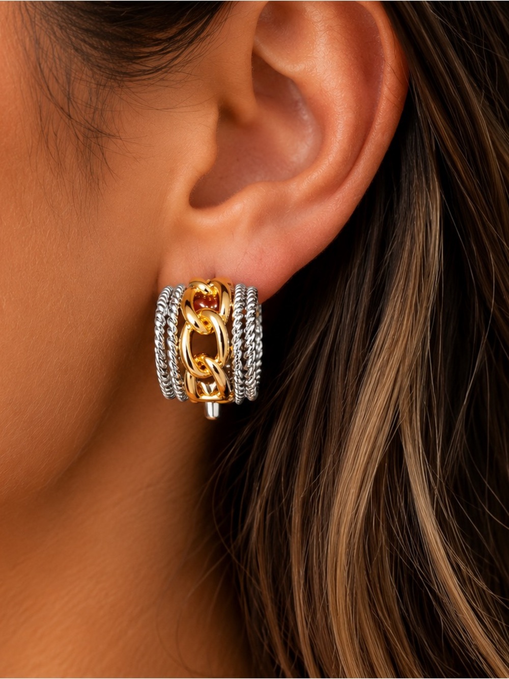 Two-Tone Gold & Silver Chain Hoop Earrings - Women Jewelry